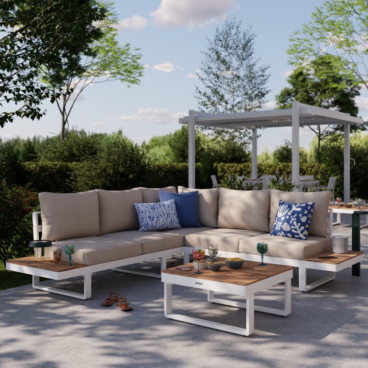 Niski narożnik 5-osobowy NATERIAL PERSEA biały z aluminium i tekowego drewna - obrazek 3